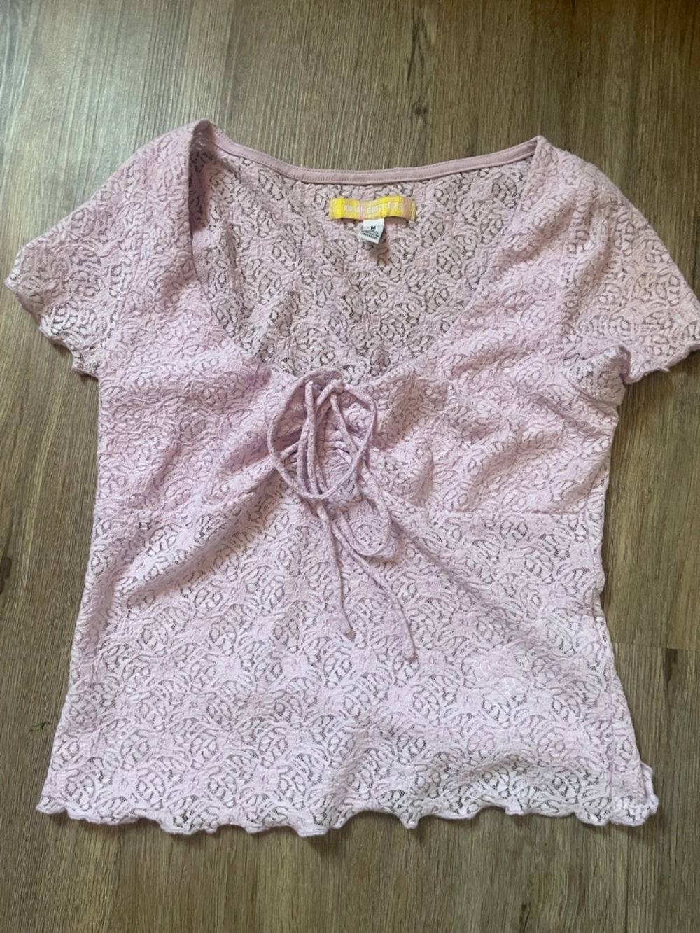 Urban Outfitters Light Pink Lace Tie-Front Short Sleeve Blouse